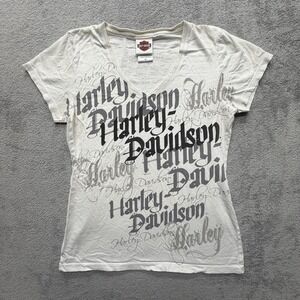 Harley Davidson Shirt Womens Medium White V Neck Graphic All‎ Over Print Moto